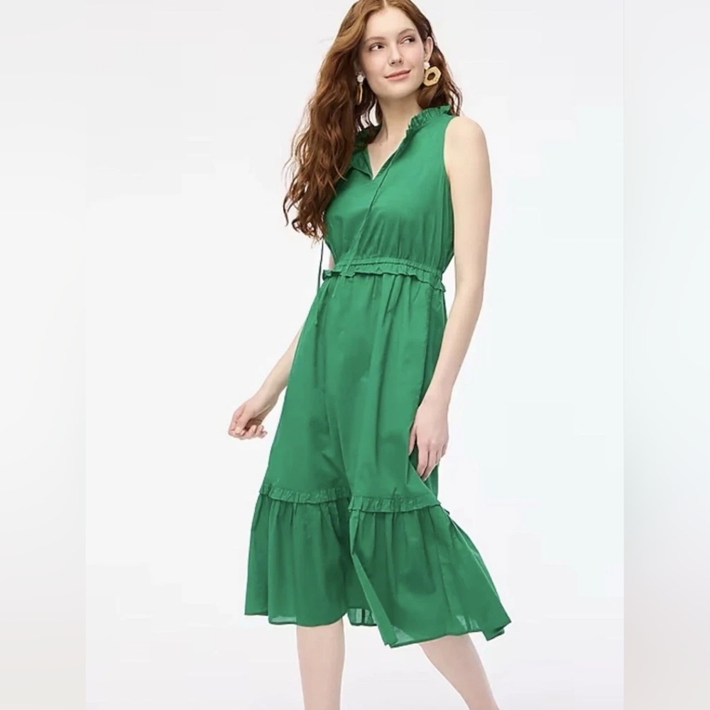 NWT J.Crew Women Green Ruffle Cotton Dress Size 6